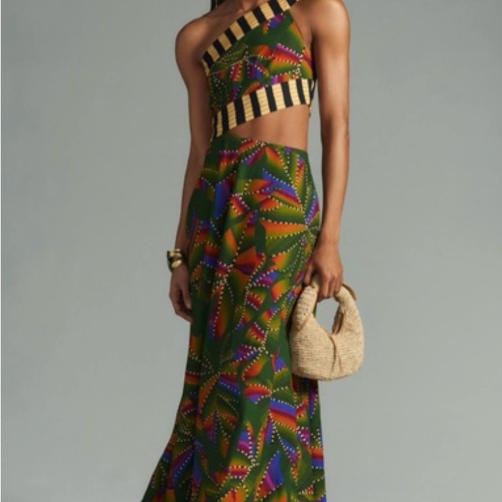 FARM Rio Green Multicolor One-Shoulder Two-Piece Dress